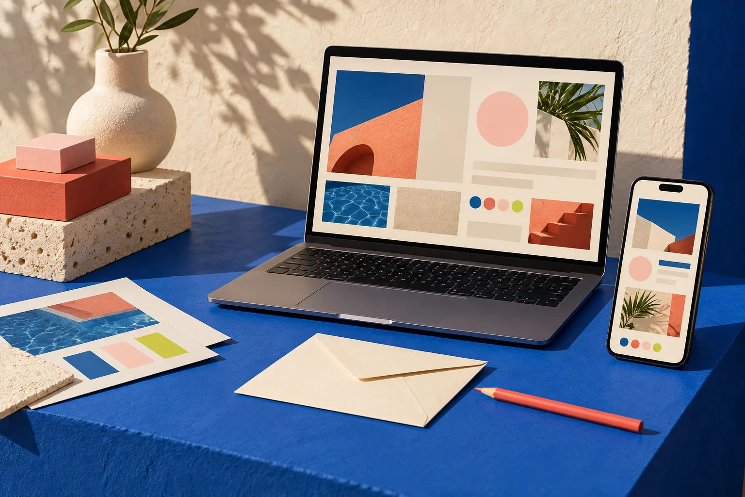 Laptop e smartphone con layout web su un tavolo blu, accanto a carta e campioni colore