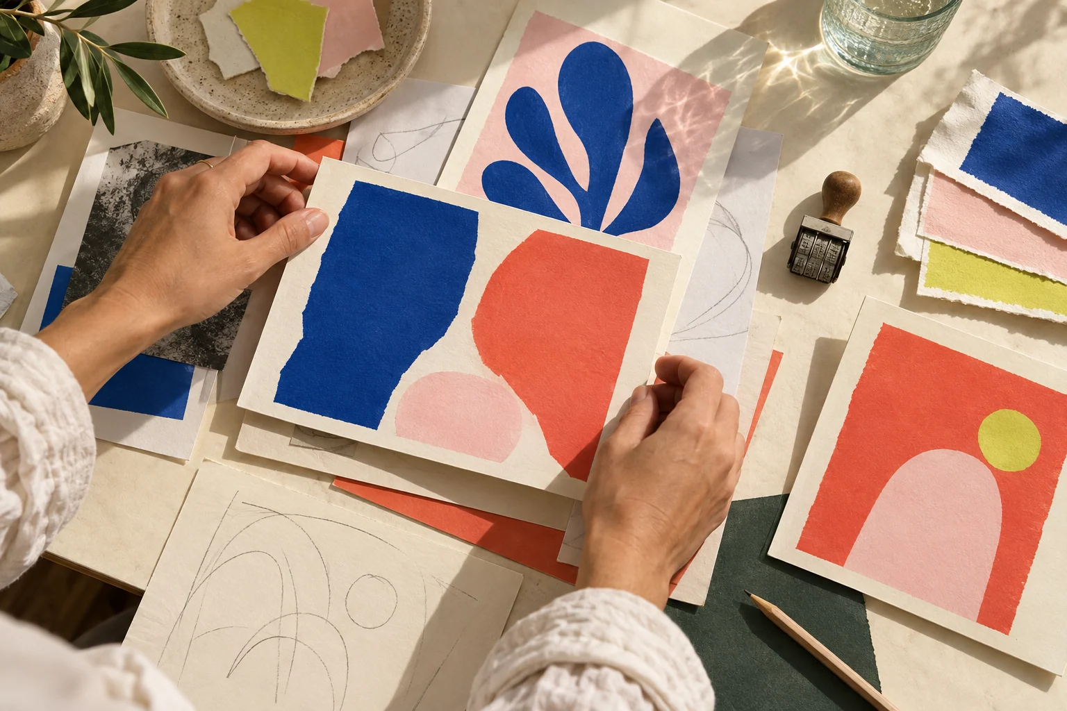 Mani al lavoro su cartoline, bozzetti e campioni colore in uno studio creativo